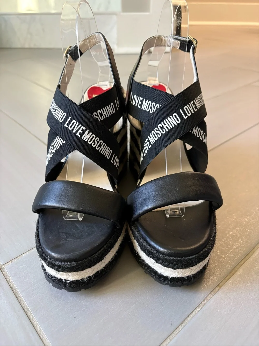 Love Moschino Black and White Logo Wedge Sandals